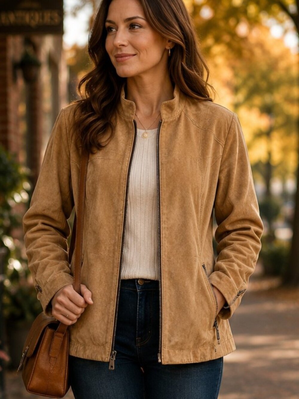 Alfani Suede Leather Jacket Womens M Tan Zip Front Pockets Y2K Moto Western